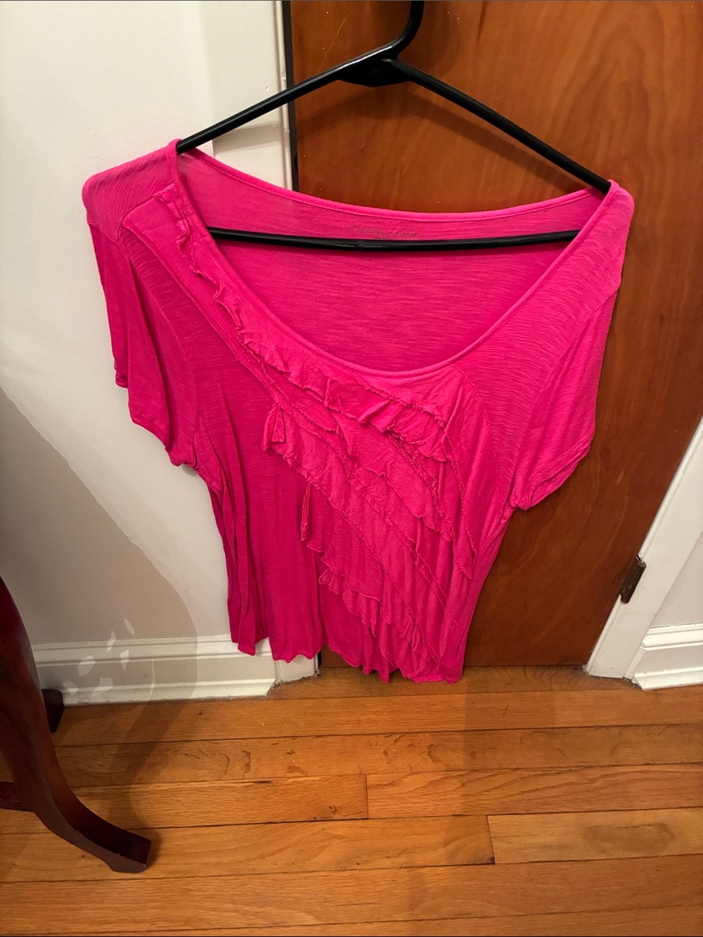 Coldwater Creek Bright Pink Ruffle Scoop Neck Tee